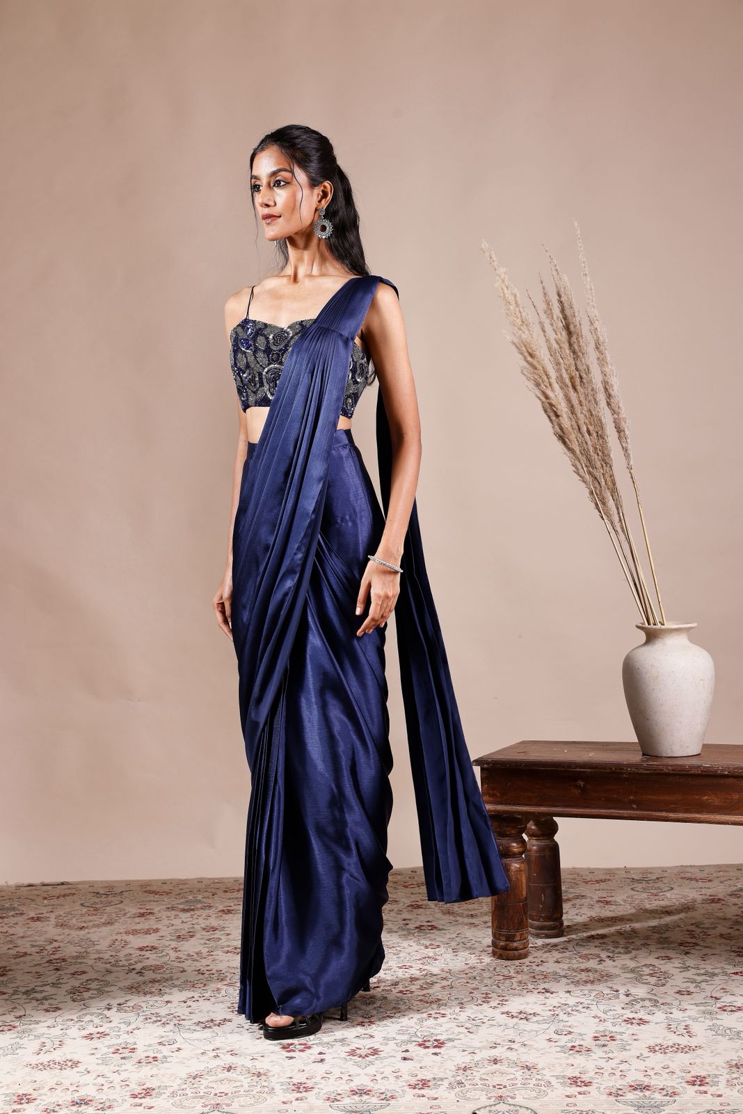 SEQUINS EMBROIDERED BLUE PRE DRAPED SAREE | Nishly Fashion House