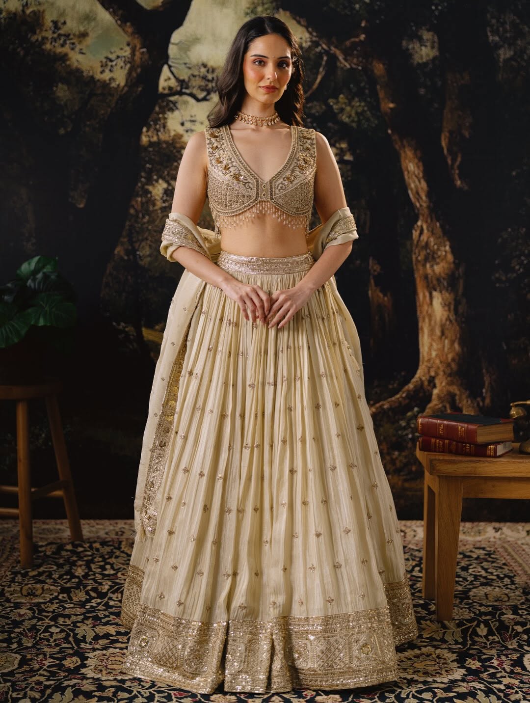 IVORY HAND EMBROIDERED TISSUE SILK LEHENGA SET | Nishly Fashion House