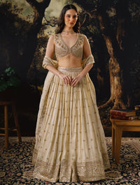 IVORY HAND EMBROIDERED TISSUE SILK LEHENGA SET | Nishly Fashion House