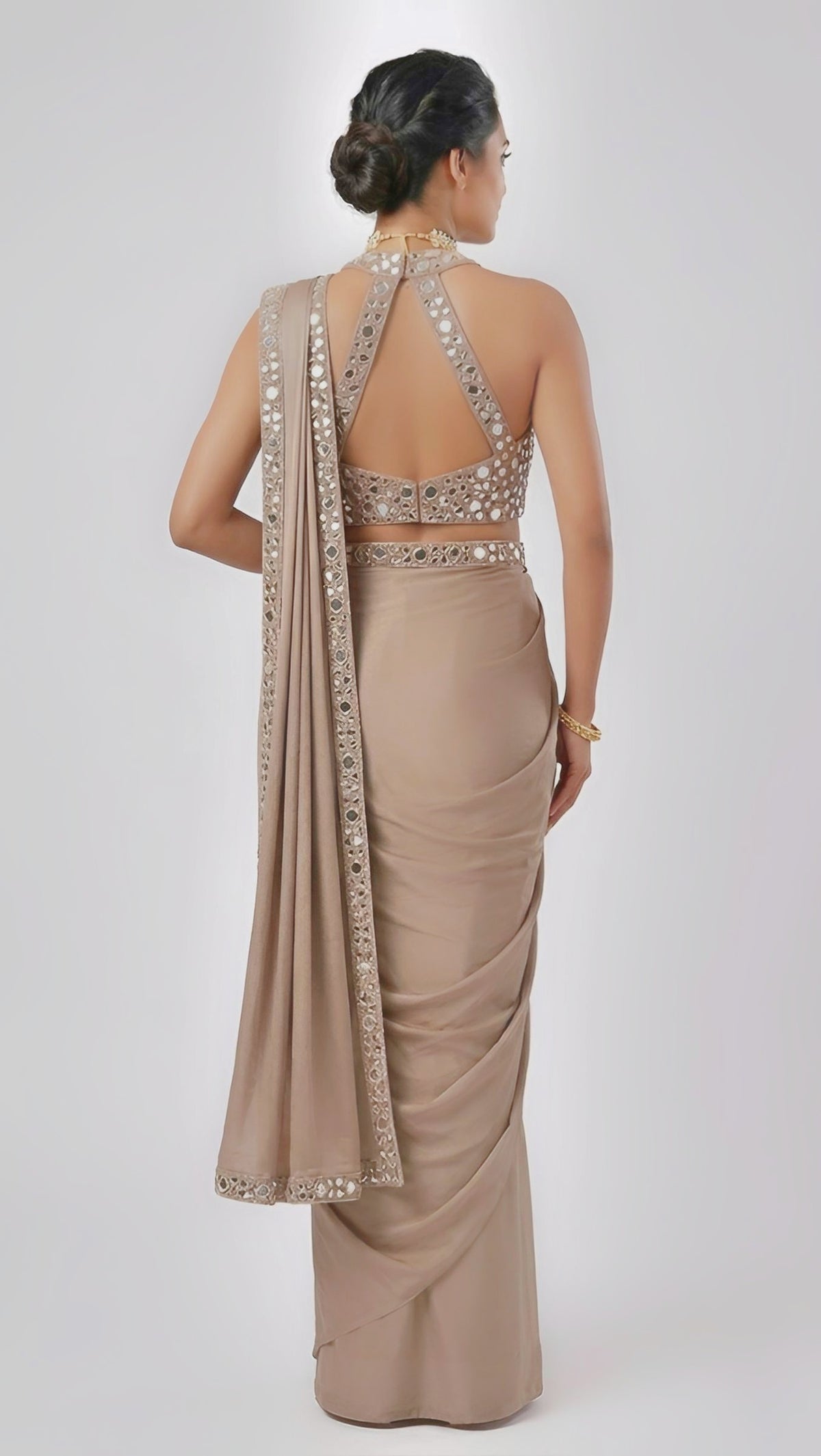 BEIGE HALTER NECK MIRROR EMBROIDERED PRE DRAPED SAREE