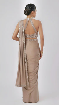 BEIGE HALTER NECK MIRROR EMBROIDERED PRE DRAPED SAREE