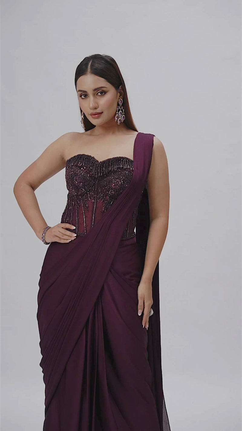 WINE CORSET EMBROIDERED PRE DRAPED SAREE
