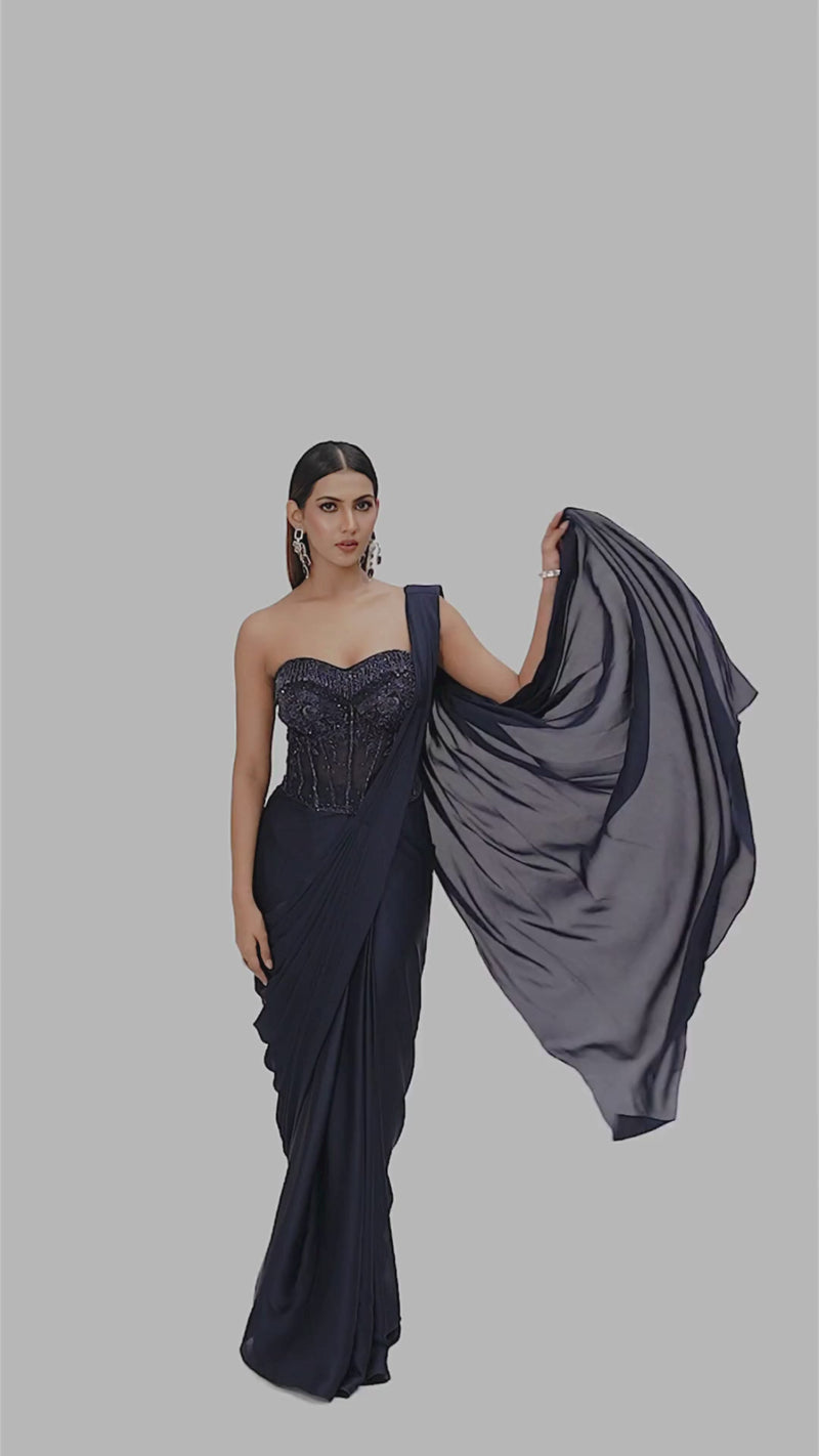 NAVY BLUE CORSET EMBROIDERED PRE DRAPED SAREE