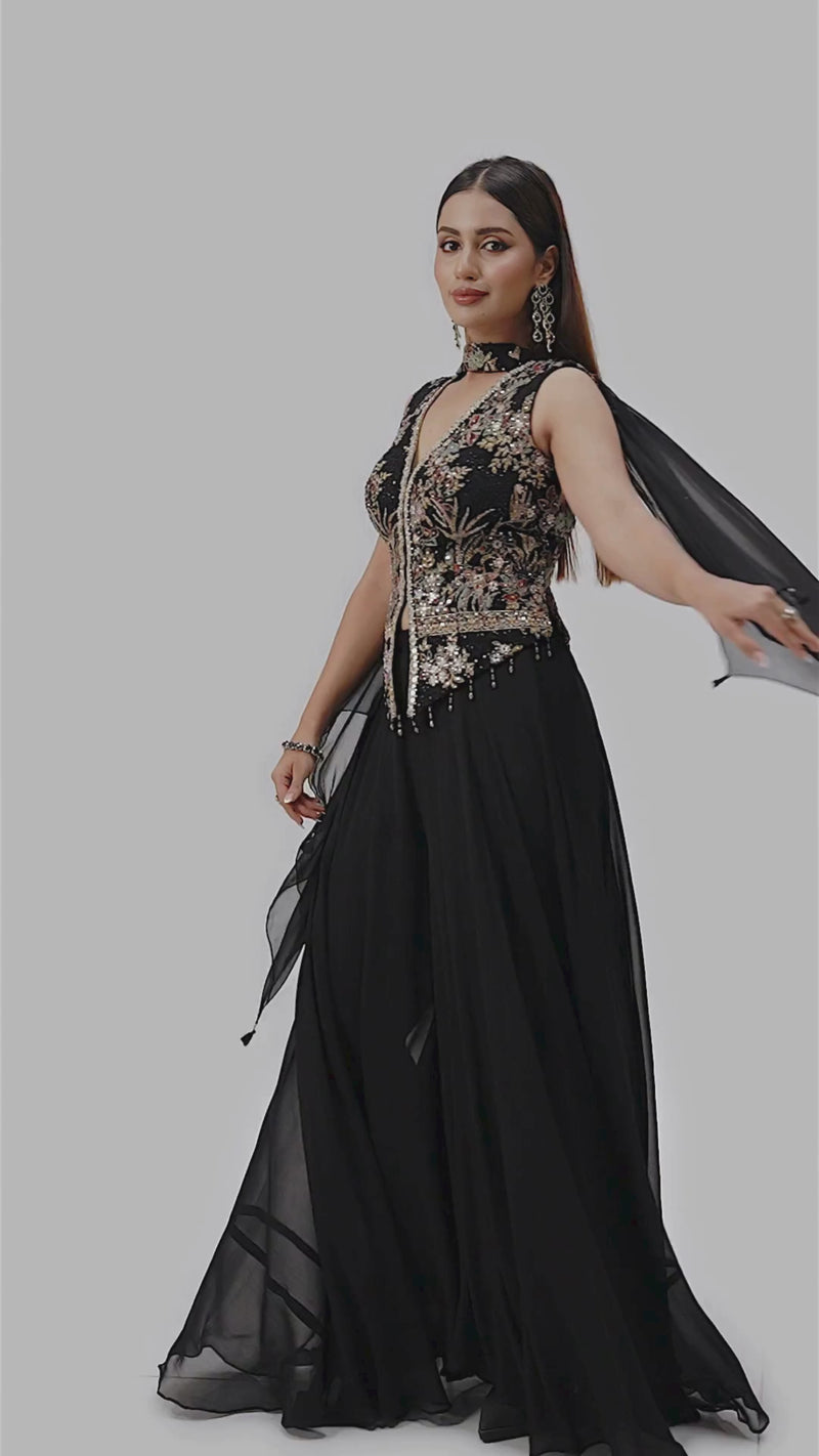 BLACK EMBROIDERED SHARARA SET WITH INTRICATE EMBROIDERY