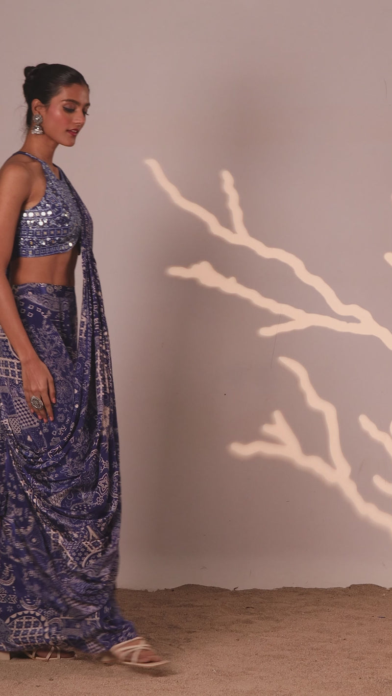 BLUE PRINTED READY TO WEAR SAREE WITH SLIT
