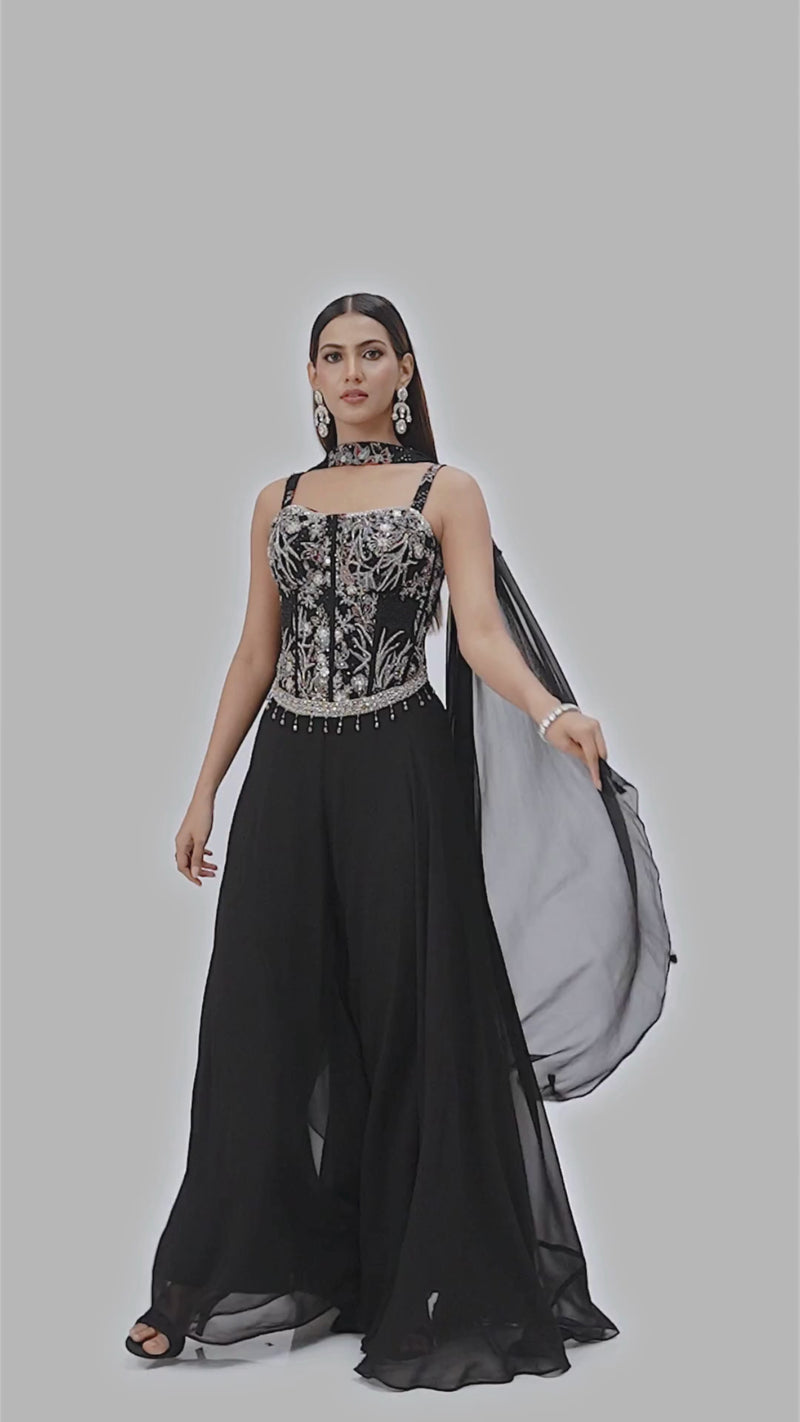 BLACK CORSET SHARARA SET WITH INTRICATE EMBROIDERY