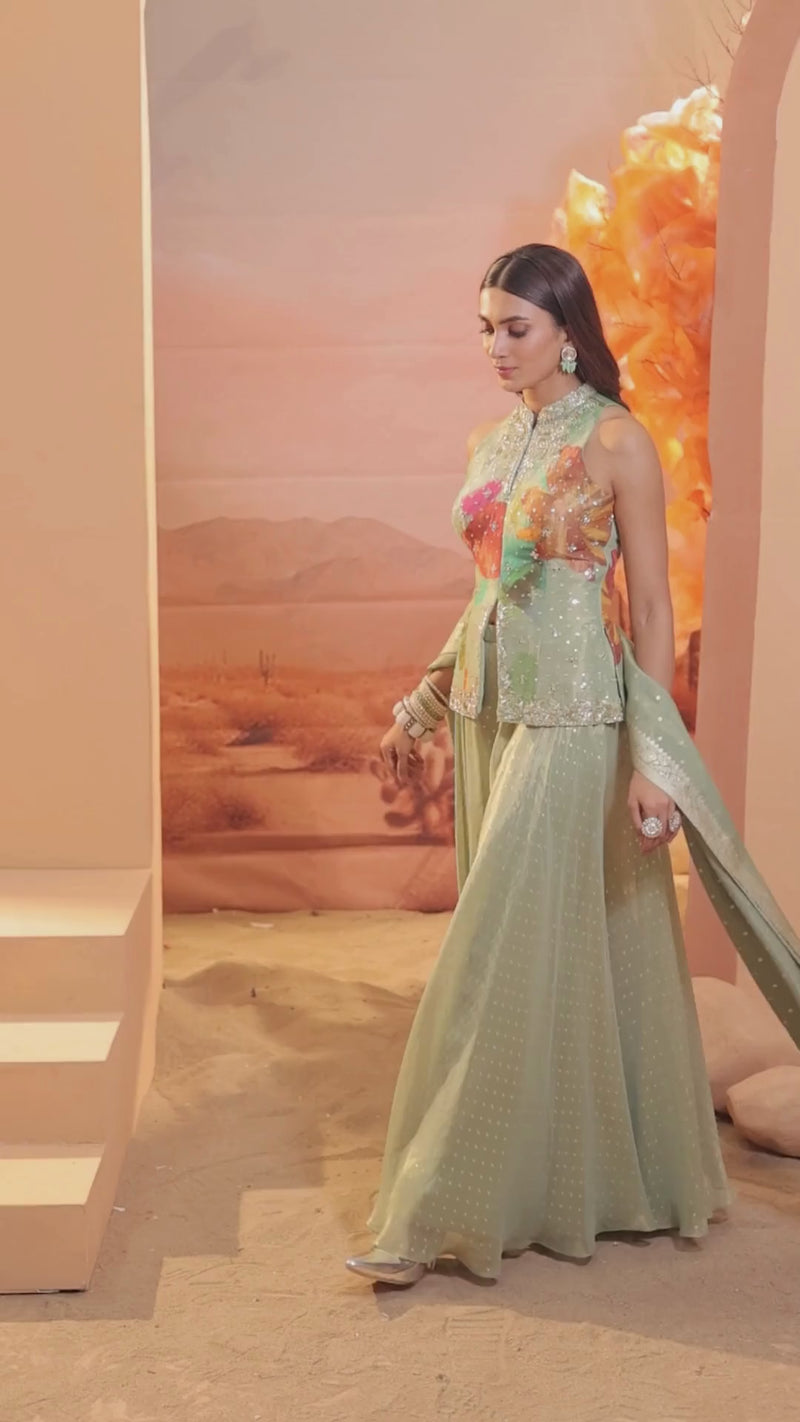 GREEN TISSUE SILK MIRROR EMBROIDERED SHARARA SET