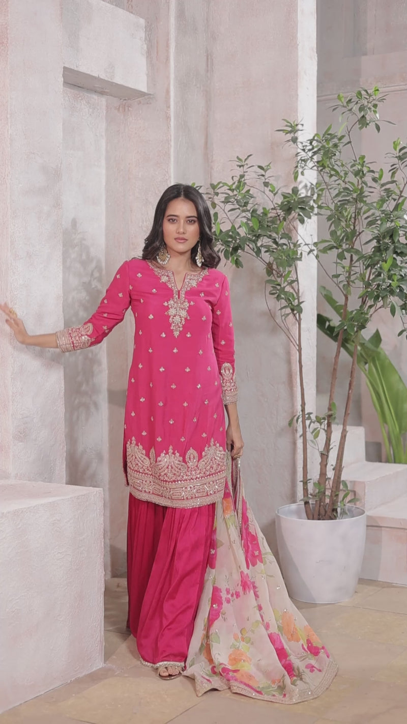 PINK CHINON EMBROIDERED SHARARA SUIT WITH FLORAL DUPATTA