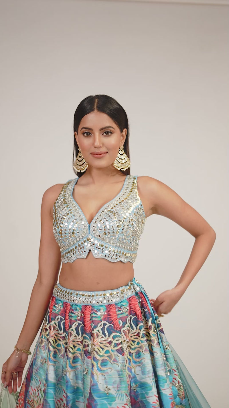 BLUE MIRROR EMBROIDERED LEHENGA SET.