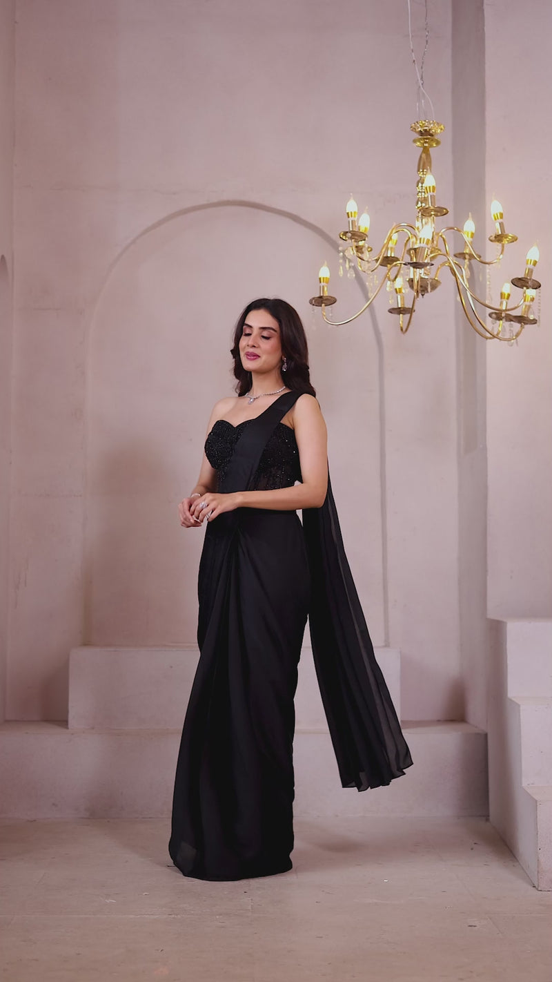 BLACK CORSET EMBROIDERED PRE DRAPED SAREE