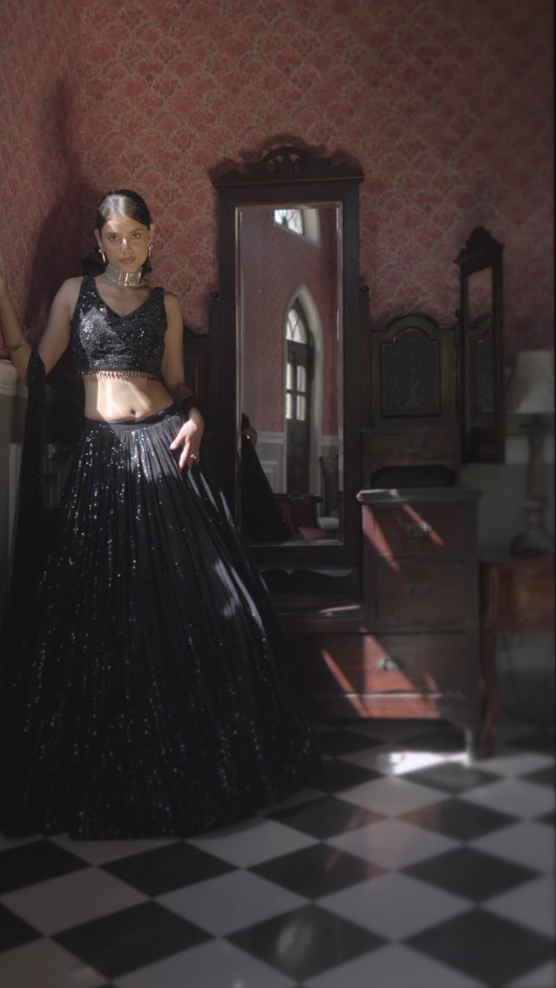 BLACK SEQUINS EMBROIDERED LEHENGA SET