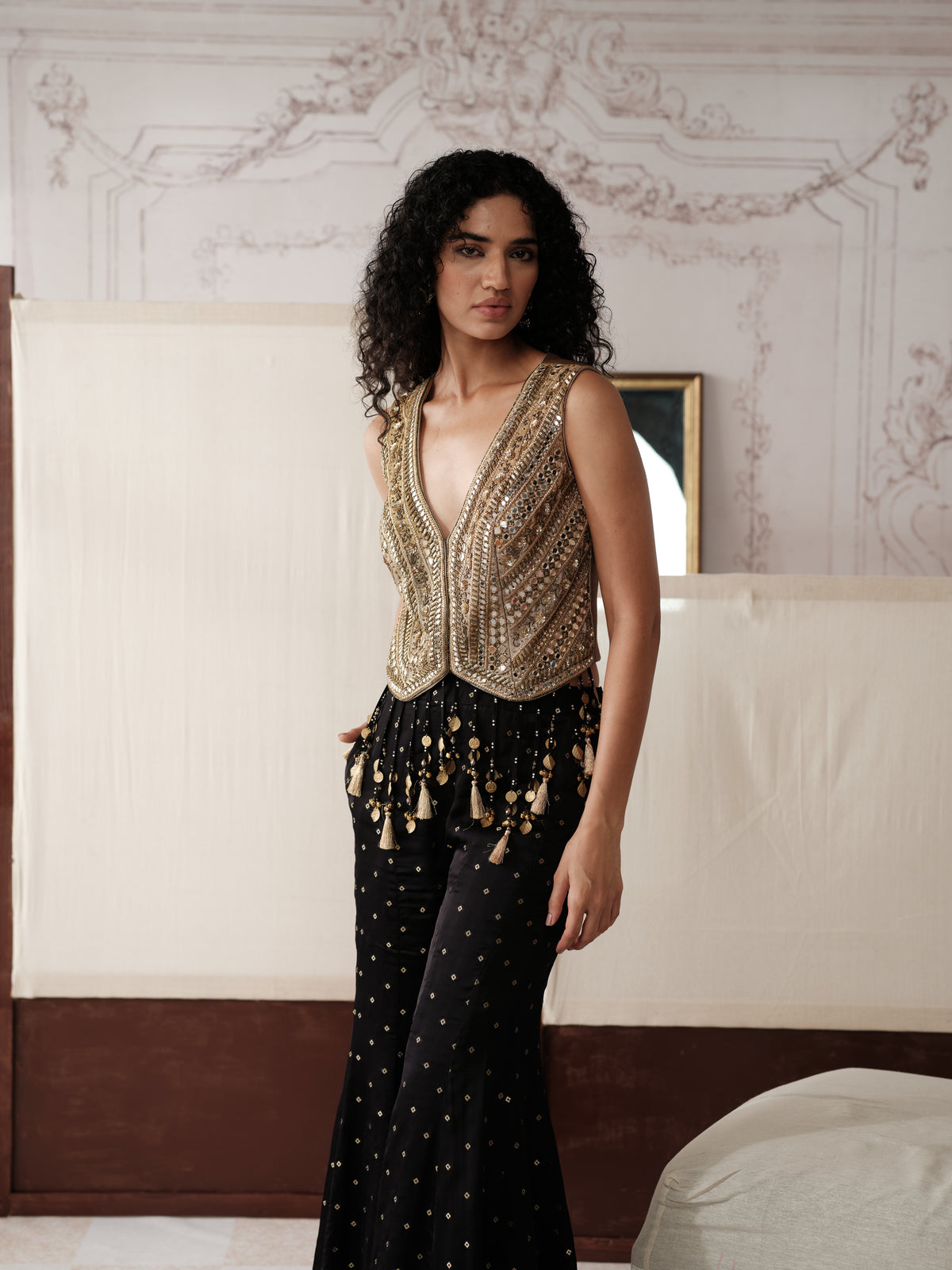 Brown tissue silk sharara set featuring detailed sequin embroidery and dupatta