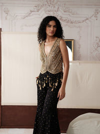 Brown tissue silk sharara set featuring detailed sequin embroidery and dupatta
