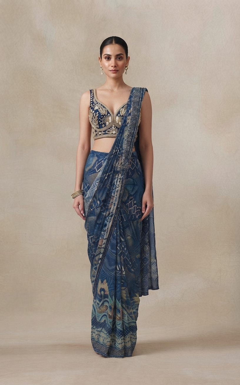 Blue printed crepe pre-draped saree with intricate embroidery