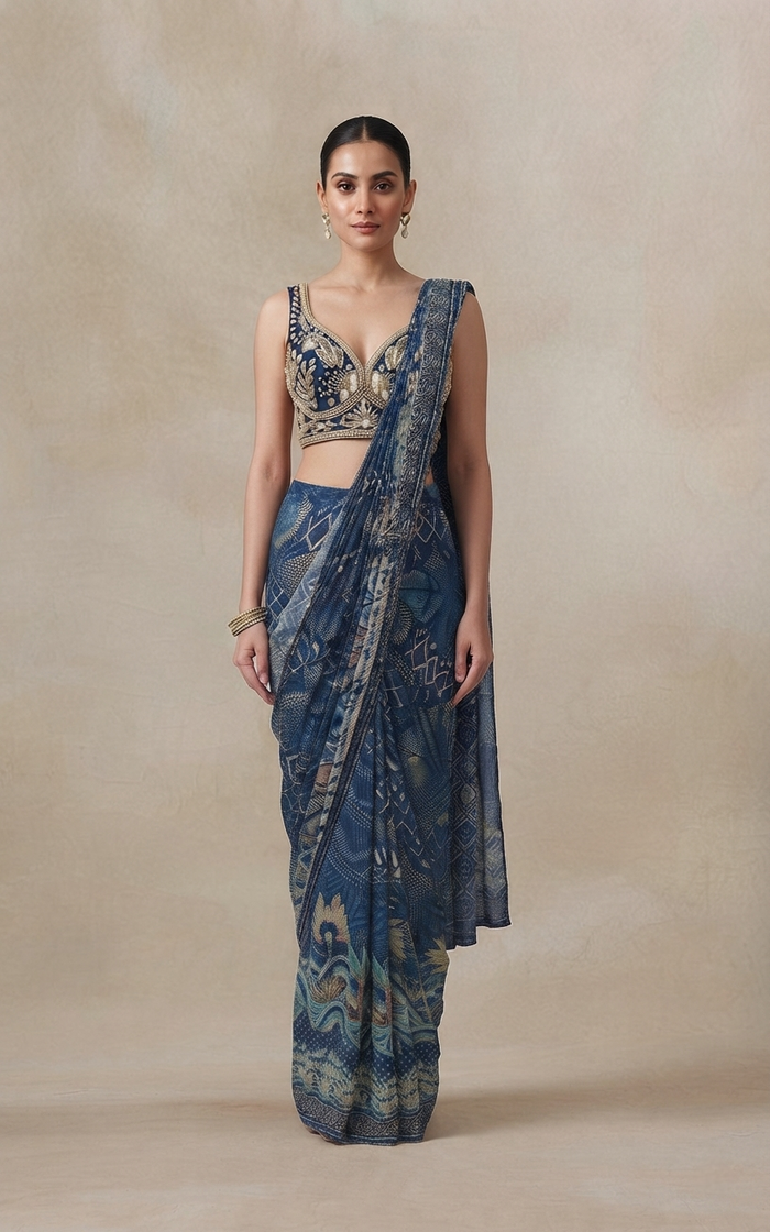 Blue printed crepe pre-draped saree with intricate embroidery