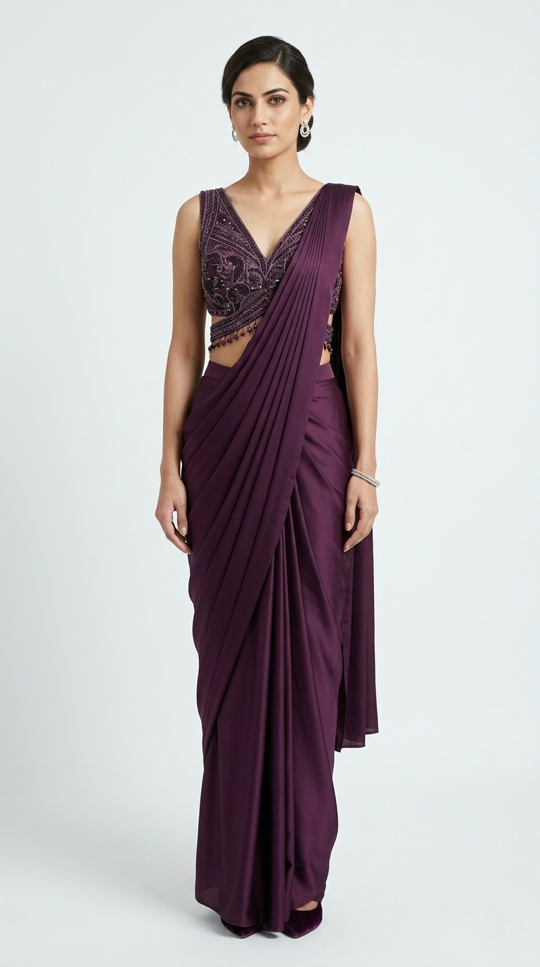 WINE EMBROIDERED READYMADE SAREE