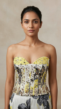 YELLOW SEQUINS EMBROIDERED CORSET SHARARA SET