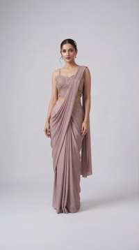 Pink embroidered ready-to-wear corset saree set with pre-draped saree and embellished blouse