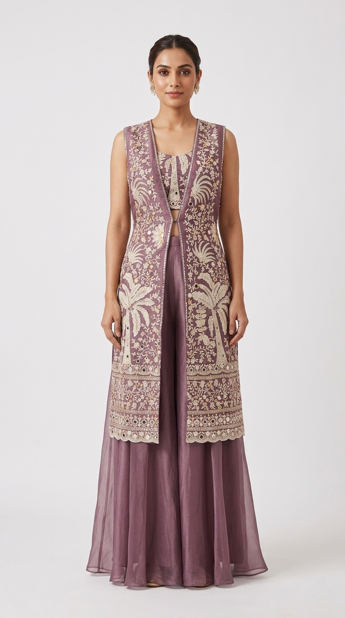 PURPLE EMBROIDERED TISSUE SILK SHARARA SET WITH JACKET