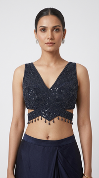 Navy blue pre-draped saree with intricate pearl and sequin work