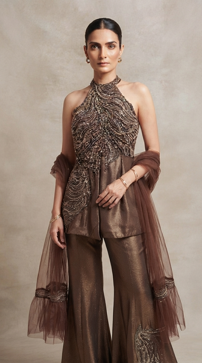 Brown tissue silk embroidered sharara set with intricate sequin and bead work