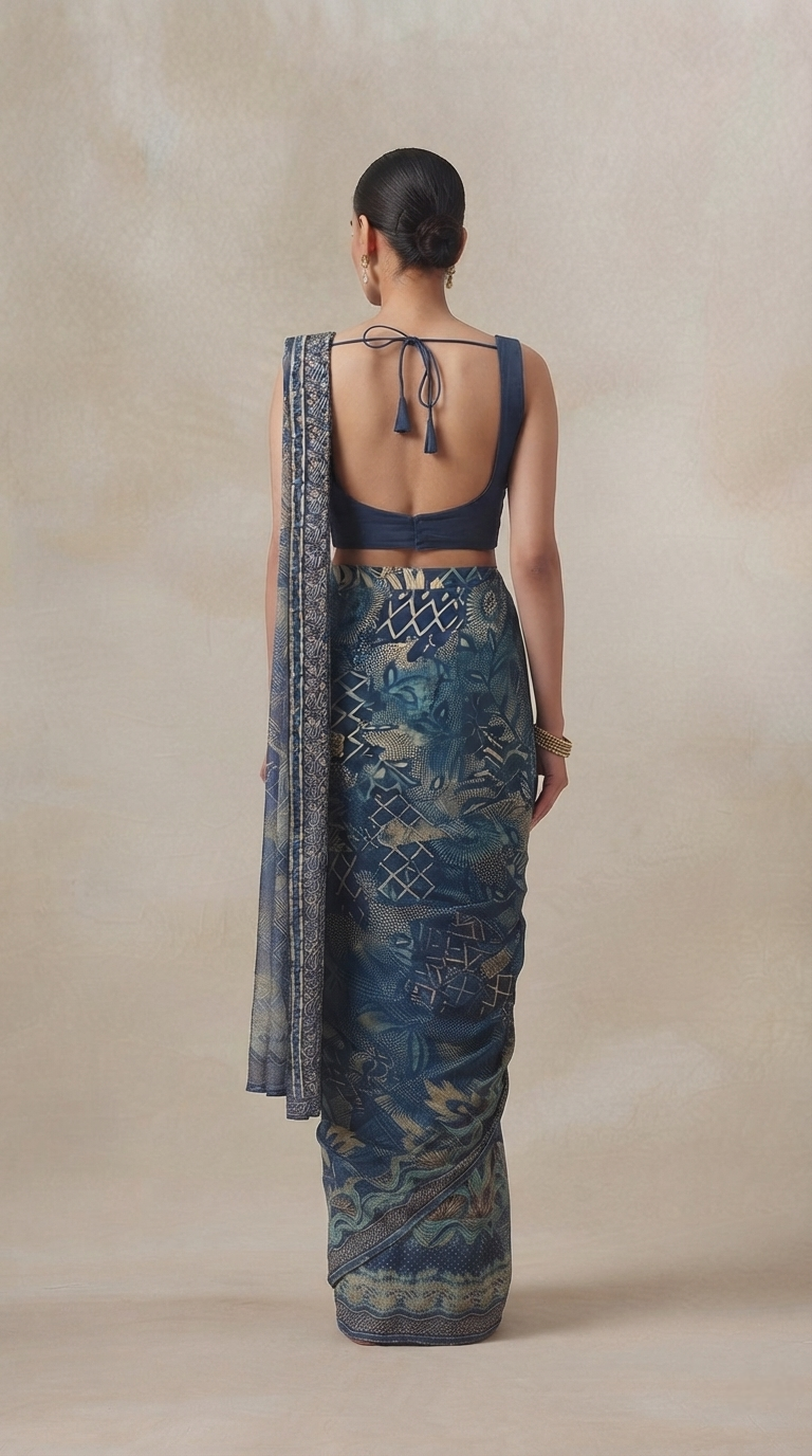 Designer blue crepe pre-draped saree with embroidered blouse