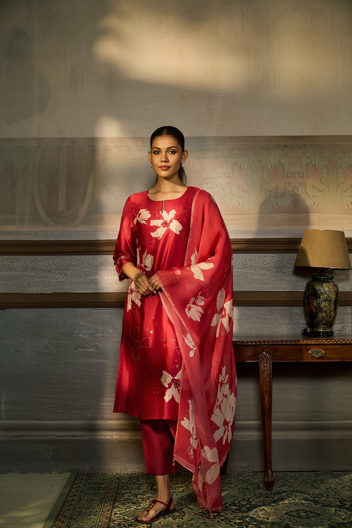 RED BEADS EMBROIDERED SILK KURTA SET