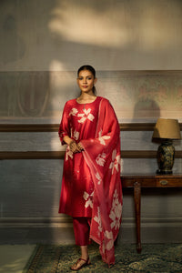 RED BEADS EMBROIDERED SILK KURTA SET