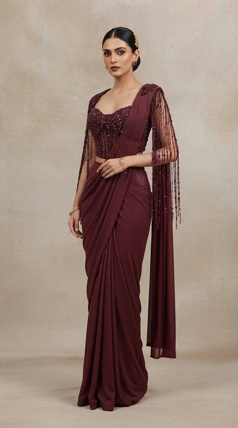 Wine shimmer lycra corset saree with crystal and gemstone embroidery for cocktail parties and evening events