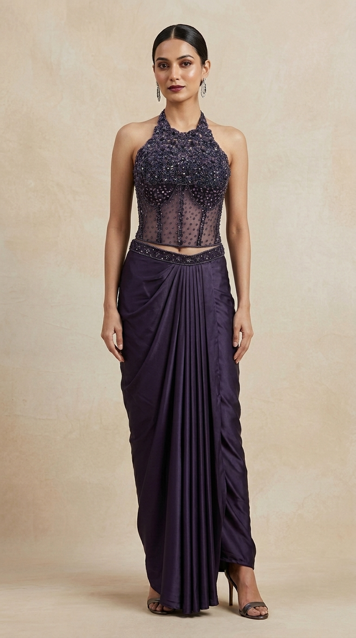 Wine crystal and beads embroidered corset blouse with pleated skirt for engagement and festive occasions