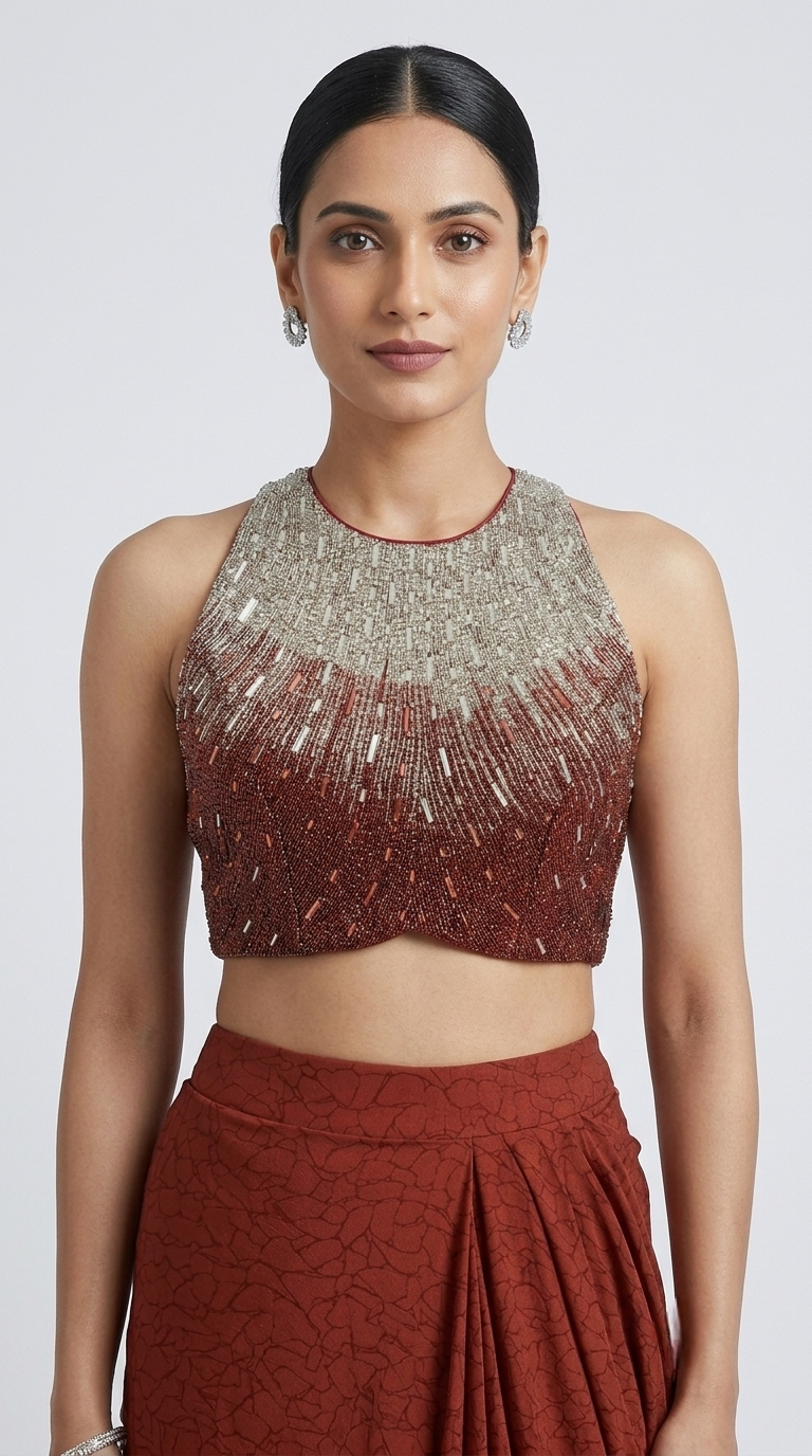 Rust pre-draped saree with intricately embroidered blouse for festive occasions