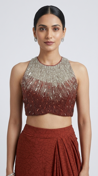Rust pre-draped saree with intricately embroidered blouse for festive occasions