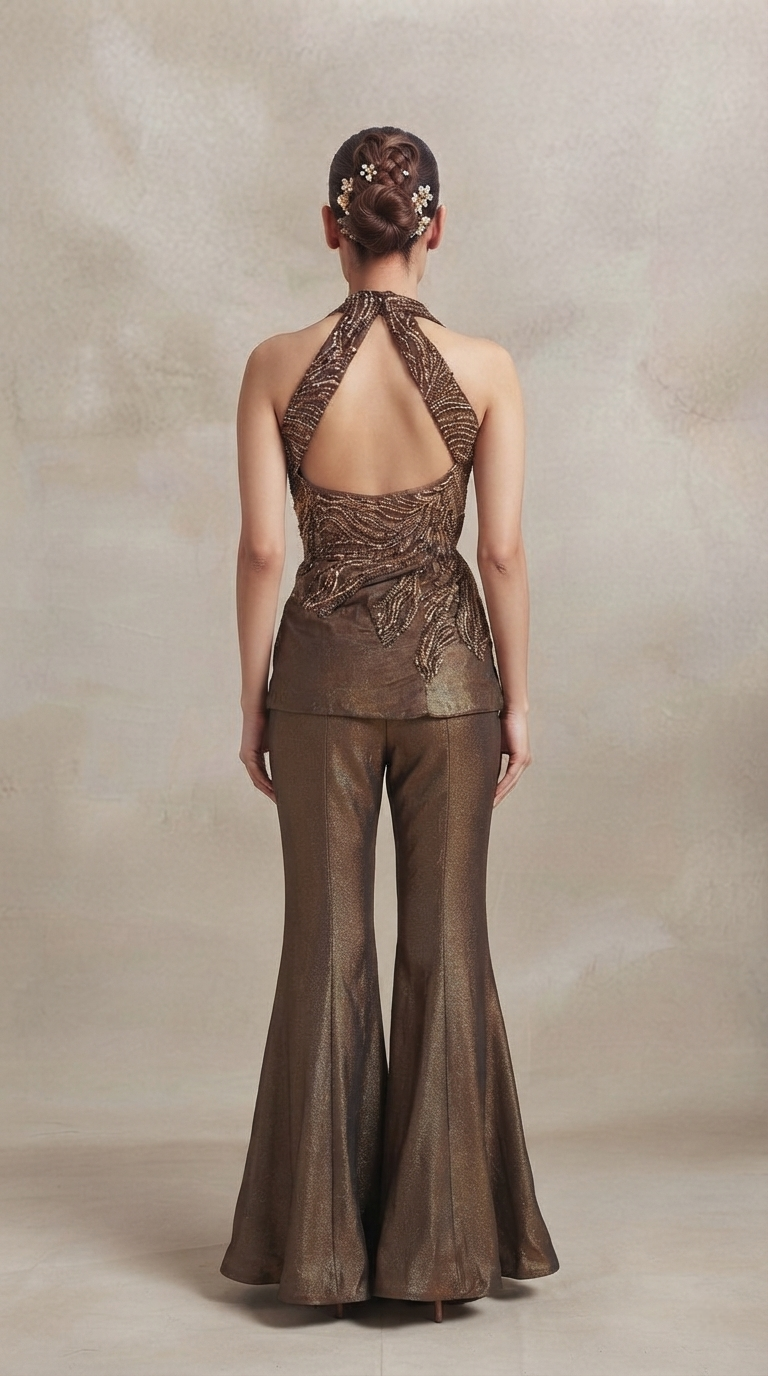 Designer brown tissue silk sharara set with sequin embroidered blouse and dupatta
