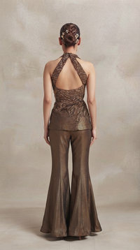 Designer brown tissue silk sharara set with sequin embroidered blouse and dupatta