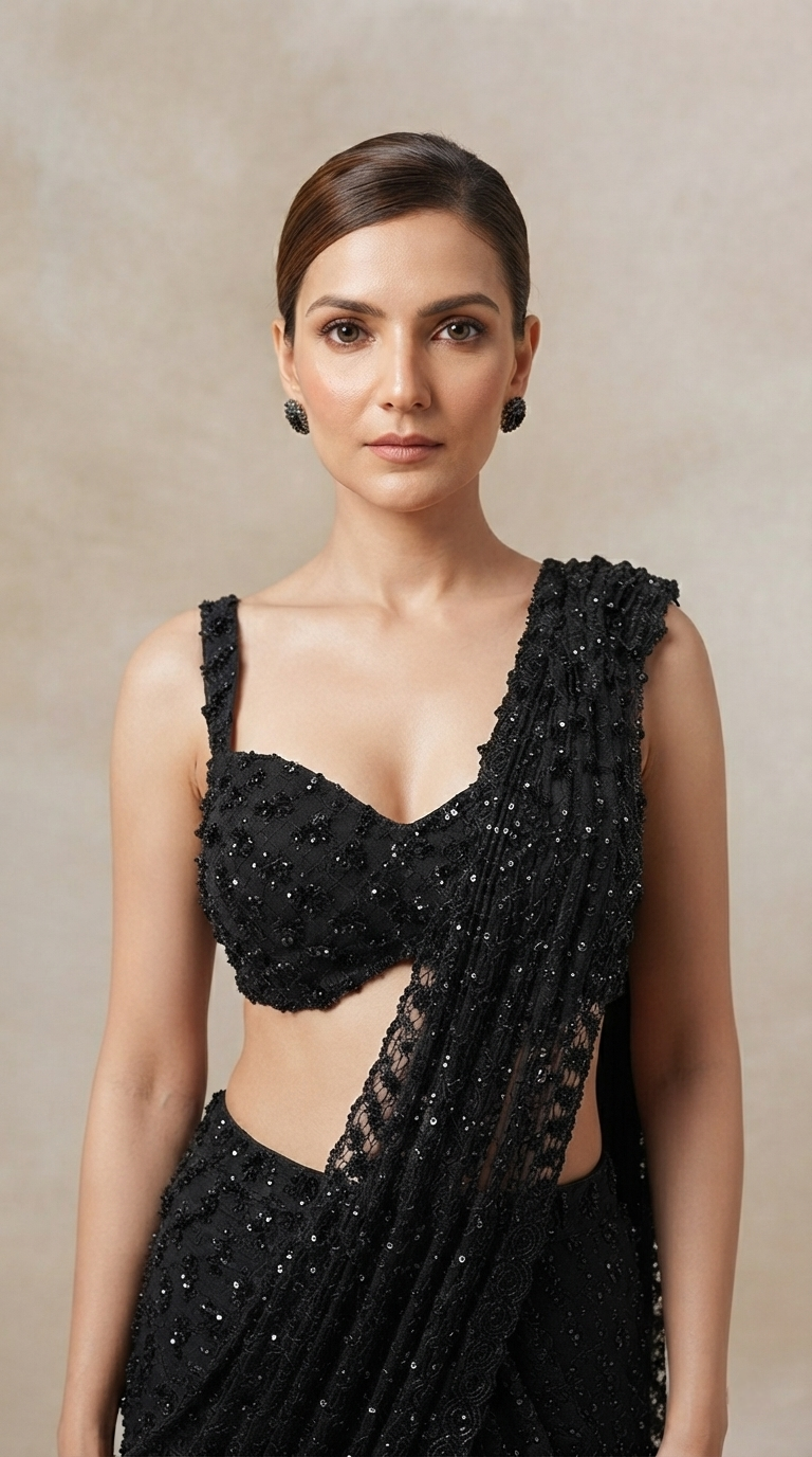 Designer black sequins pre-draped saree set with embellished blouse