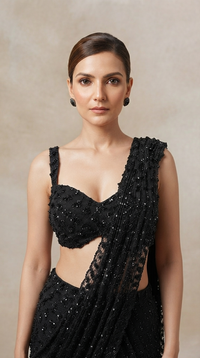 Designer black sequins pre-draped saree set with embellished blouse