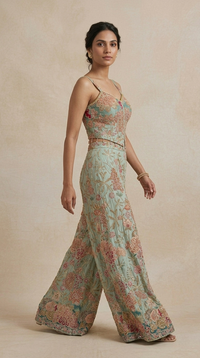 Blue printed corset sharara set with sequins, cutdana and bead embroidery