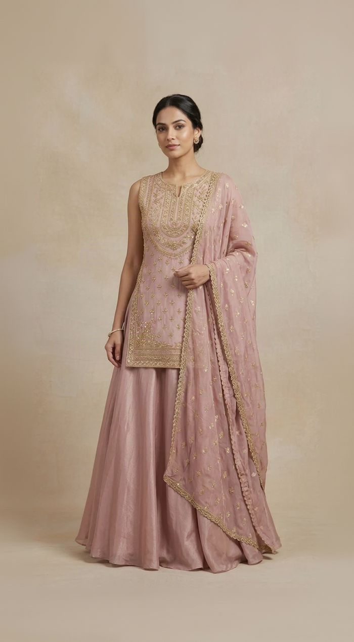Pink tissue silk embroidered designer lehenga set with Cutdana and sequin work