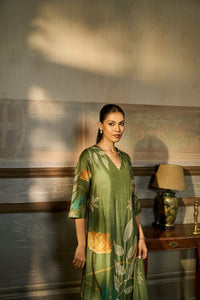 GREEN SEQUINS EMBROIDERED PRINTED SILK KURTA SET