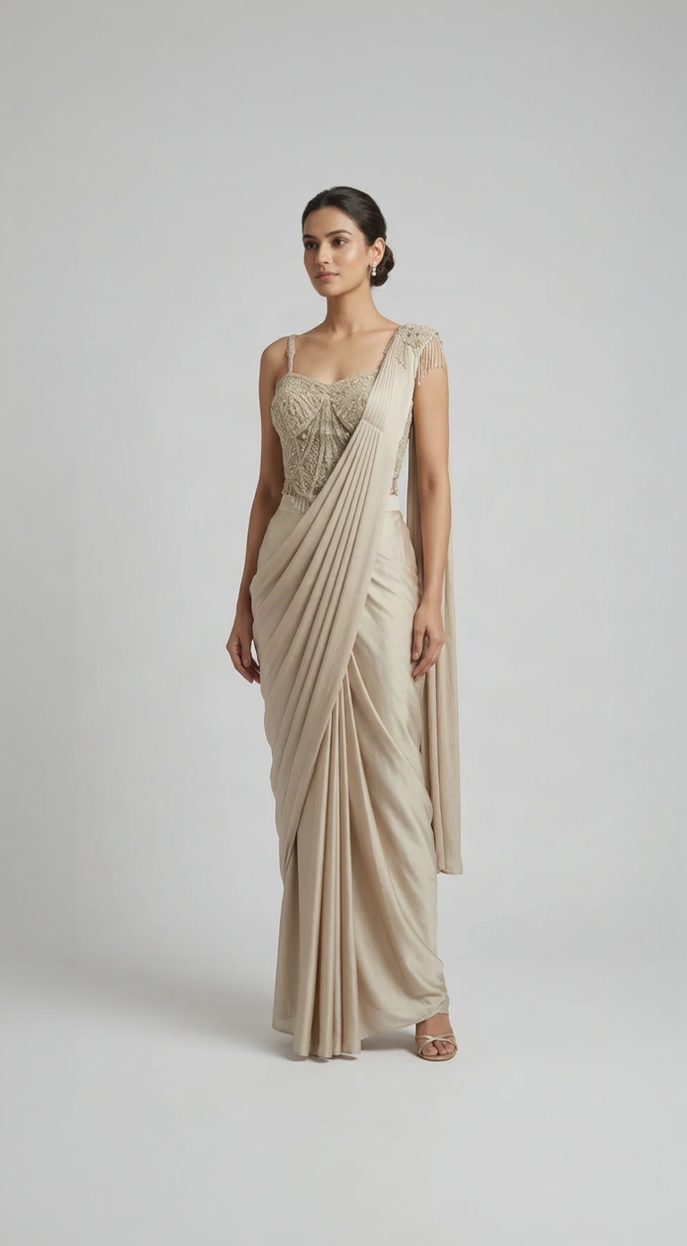 Fawn pastel embroidered corset saree with sequins and crystal work for wedding and reception occasions