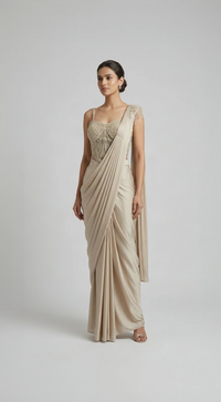 Fawn pastel embroidered corset saree with sequins and crystal work for wedding and reception occasions