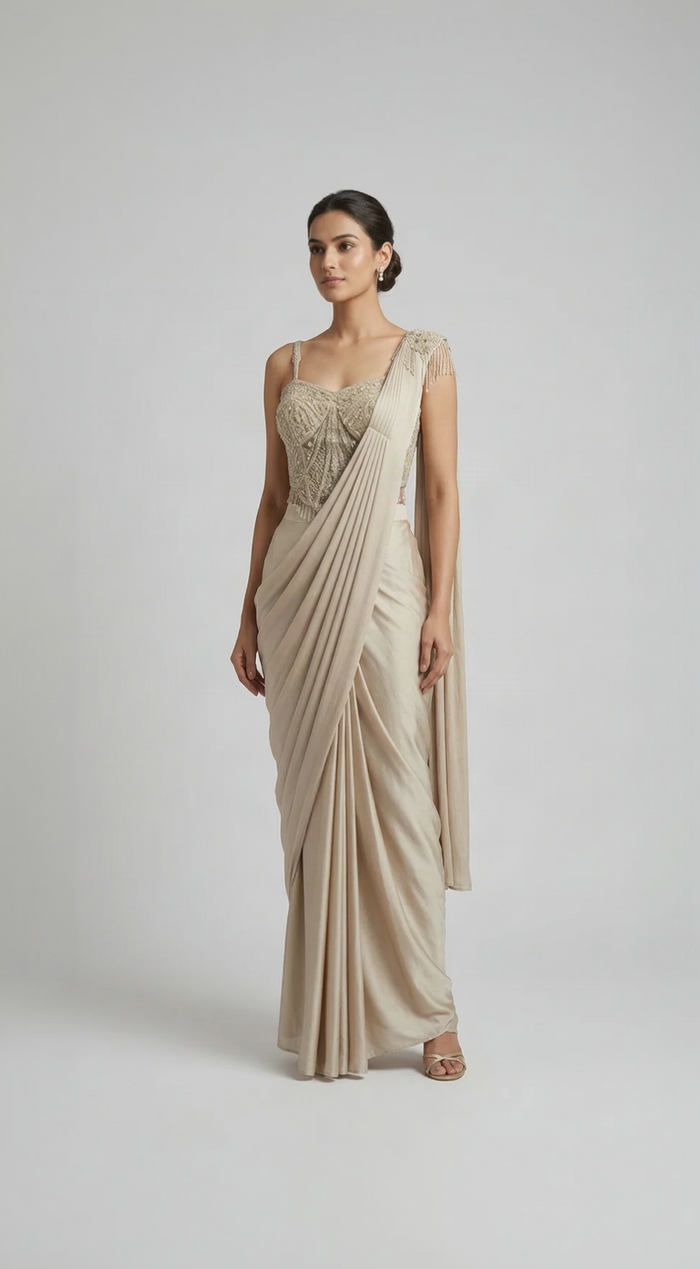 Fawn pastel embroidered corset saree with sequins and crystal work for wedding and reception occasions