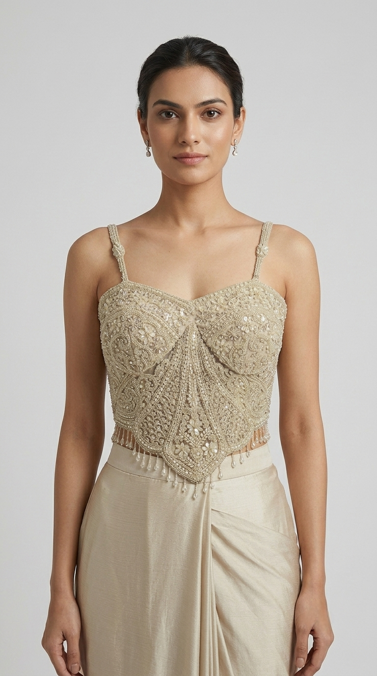 Elegant fawn silk pre-draped corset saree with intricate sequin and crystal work for wedding receptions