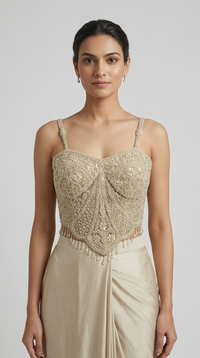 Elegant fawn silk pre-draped corset saree with intricate sequin and crystal work for wedding receptions