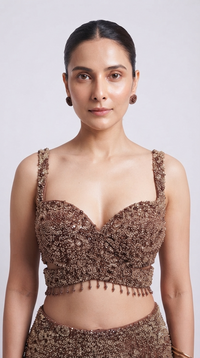 Brown embroidered sangeet lehenga set with beads, cutdana and sequin work