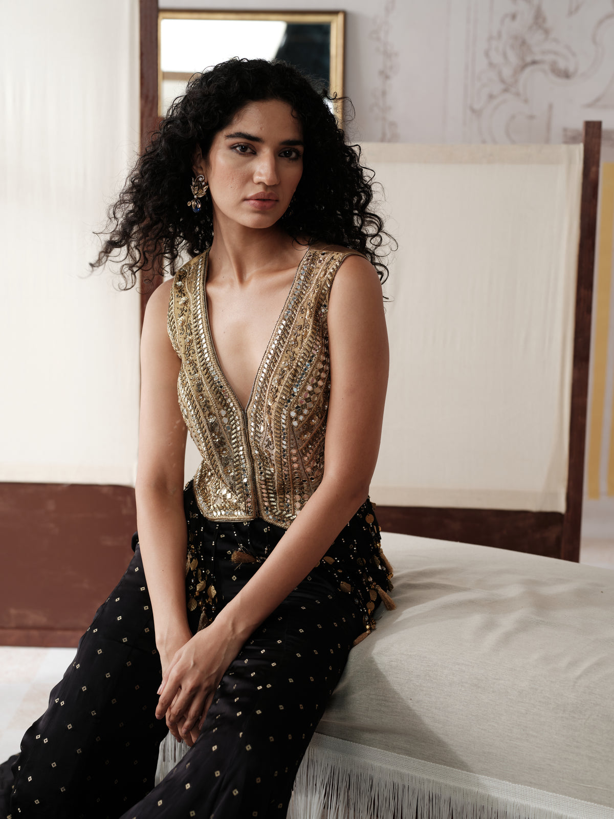 Black embroidered blouse with mirror, sequins and Swarovski detailing