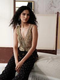 Black embroidered blouse with mirror, sequins and Swarovski detailing