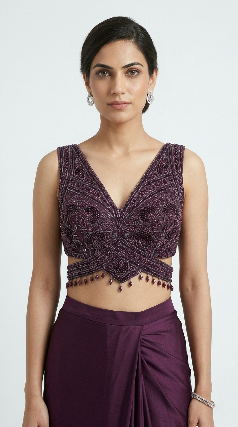 WINE EMBROIDERED READYMADE SAREE