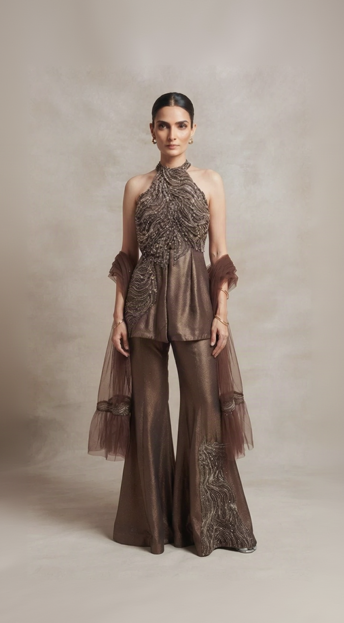 Brown tissue silk sequins embroidered sharara set with blouse and dupatta