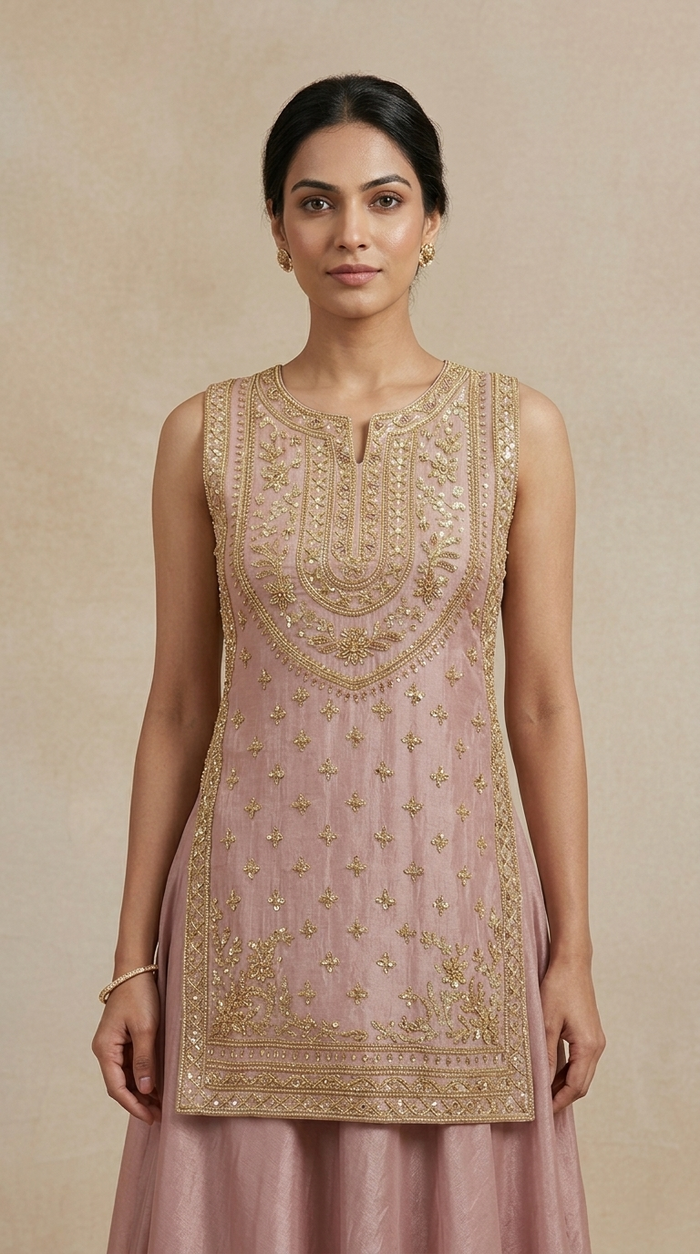 Close-up of Cutdana and sequin embroidery on pink designer lehenga